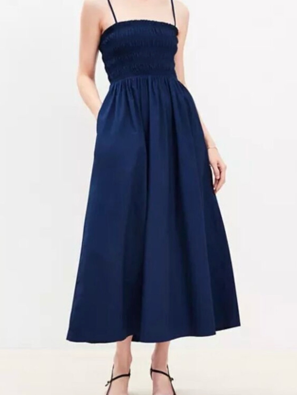 LOFT Navy Blue Poplin Cotton Smocked Preppy Midi Summer Dress XXSP